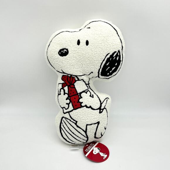 Peanuts Snoopy Holding Christmas Present w/ Red Ribbon Shaped Sherpa Pillow NEW